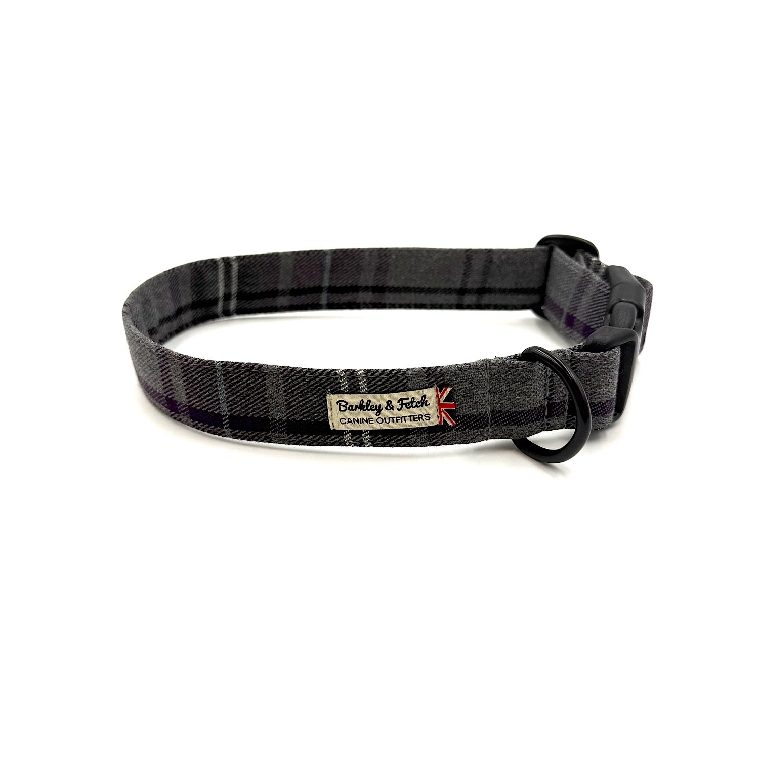 Black plaid dog collar with a visible brand logo on a white background