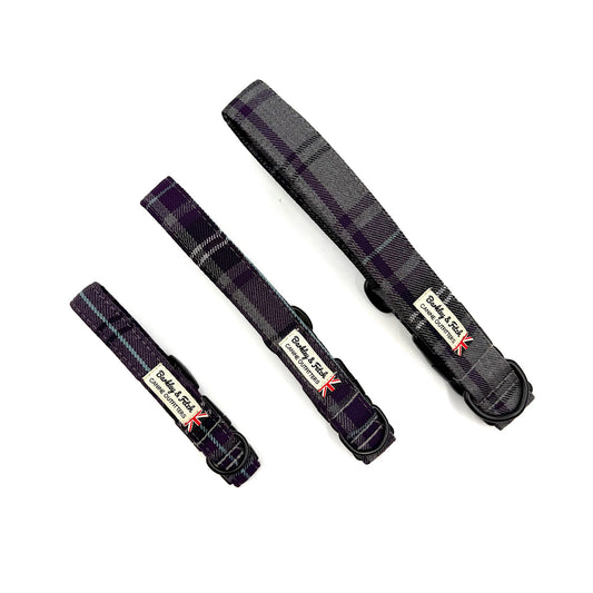 Set of three tartan-patterned products with visible branding on a white background