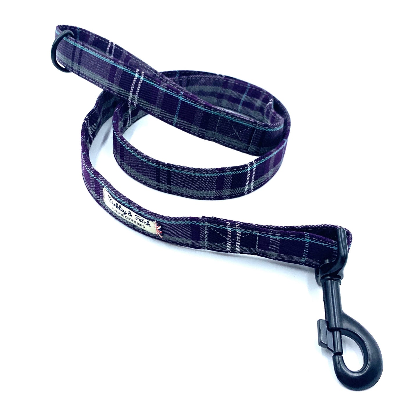 A Purple/Grey Tartan Dog Lead with a metal trigger hook and a D-ring on the handle. handmade by Barkley and fetch UK