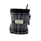 A purple and grey tartan dog treat bag with an elasticated drawcord closure and a brand label displayed on the front.