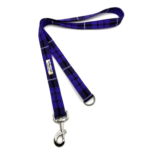 Blue plaid dog leash with metal clip on a white background