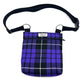 Purple and black plaid bag with a strap on a white background handmade by barkley and fetch uk