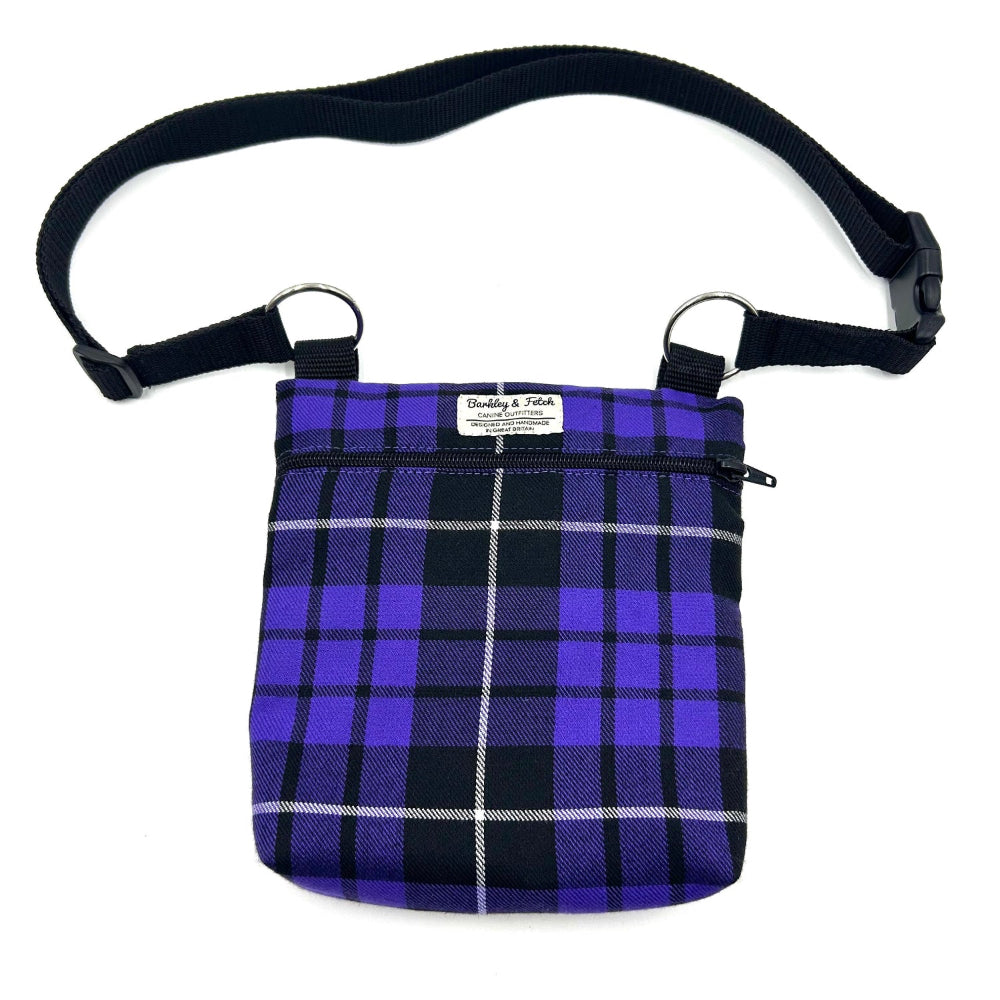 Purple and black plaid bag with a strap on a white background handmade by barkley and fetch uk
