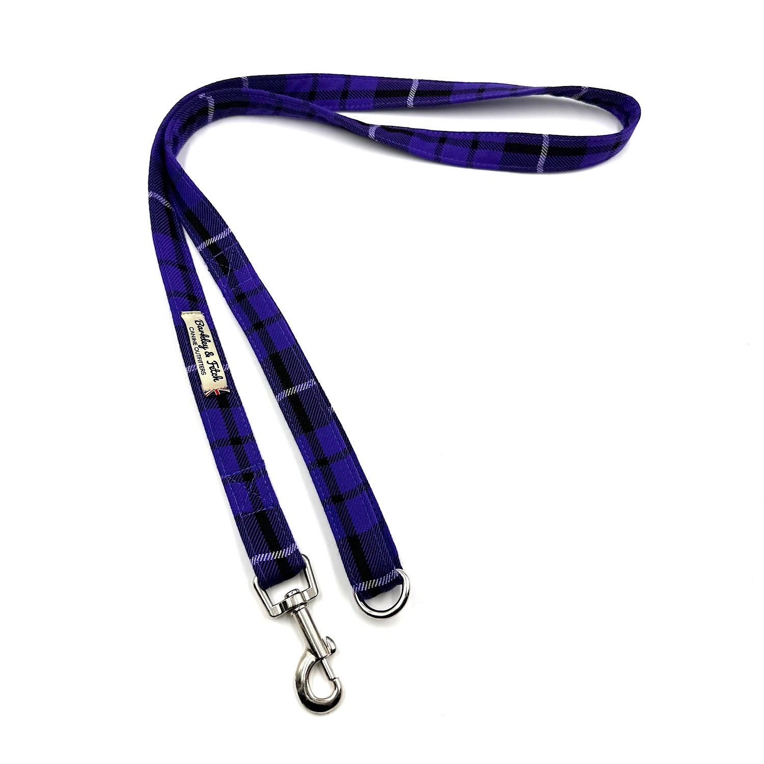 Blue plaid dog leash with metal clip on a white background
