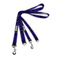 Purple plaid dog leash with metal clips on a white background