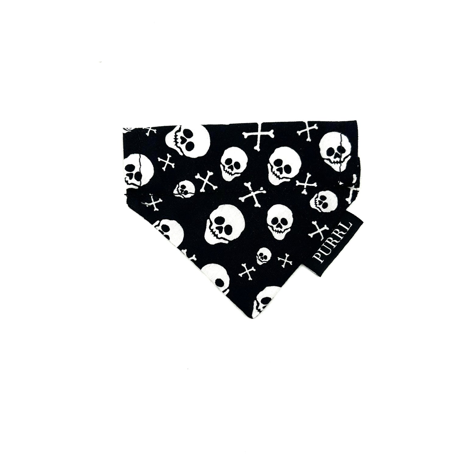 cat bandana with white skulls on black displayed on a white background handmade in the UK by Barkley And Fetch