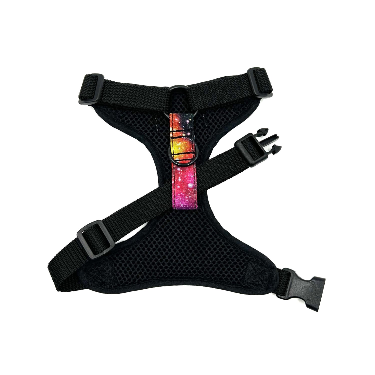 Black dog harness with colorful reflective strip on a white background