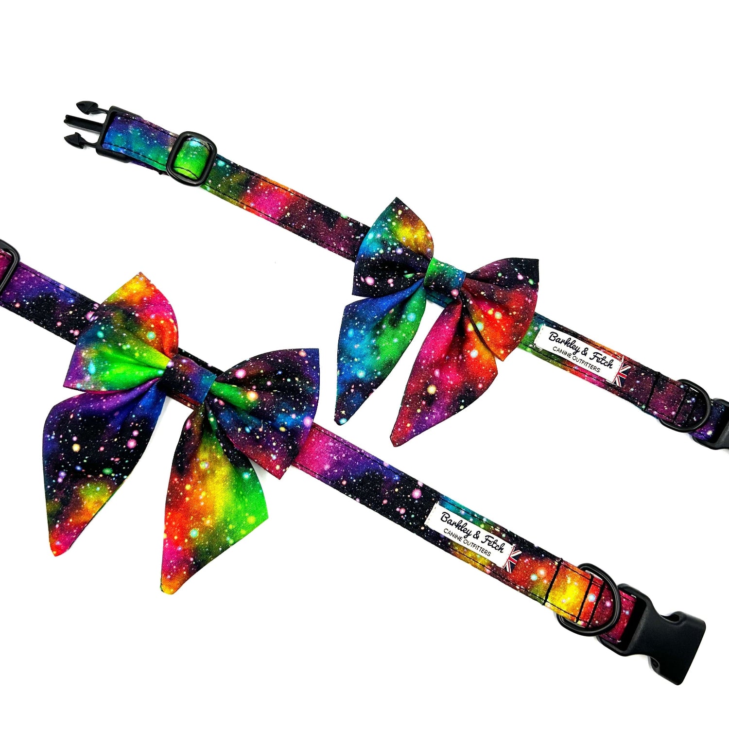 Colorful galaxy-themed dog collar and bow tie set on a white background handmade by barkley and fetch uk