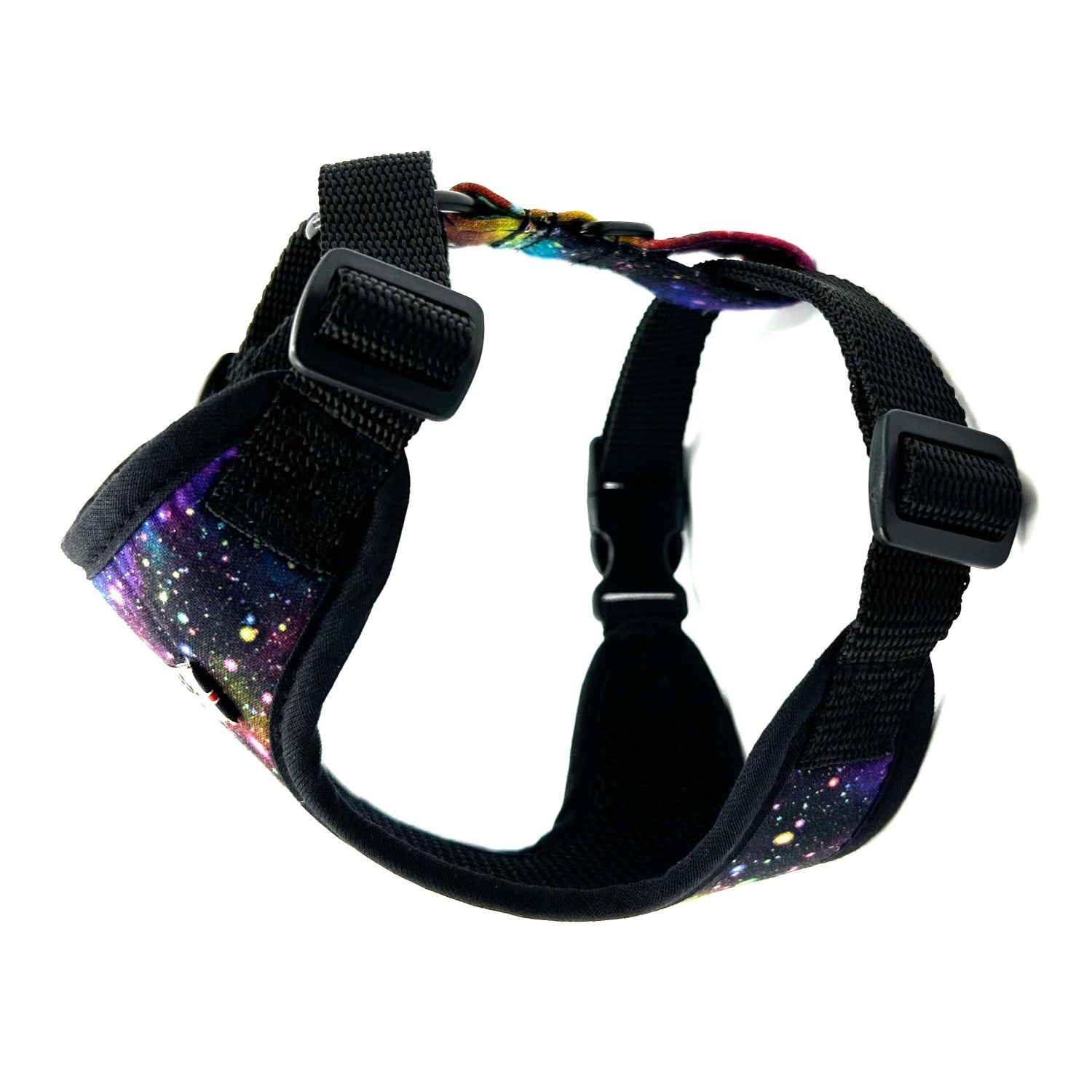 Black dog harness with galaxy pattern on a white background