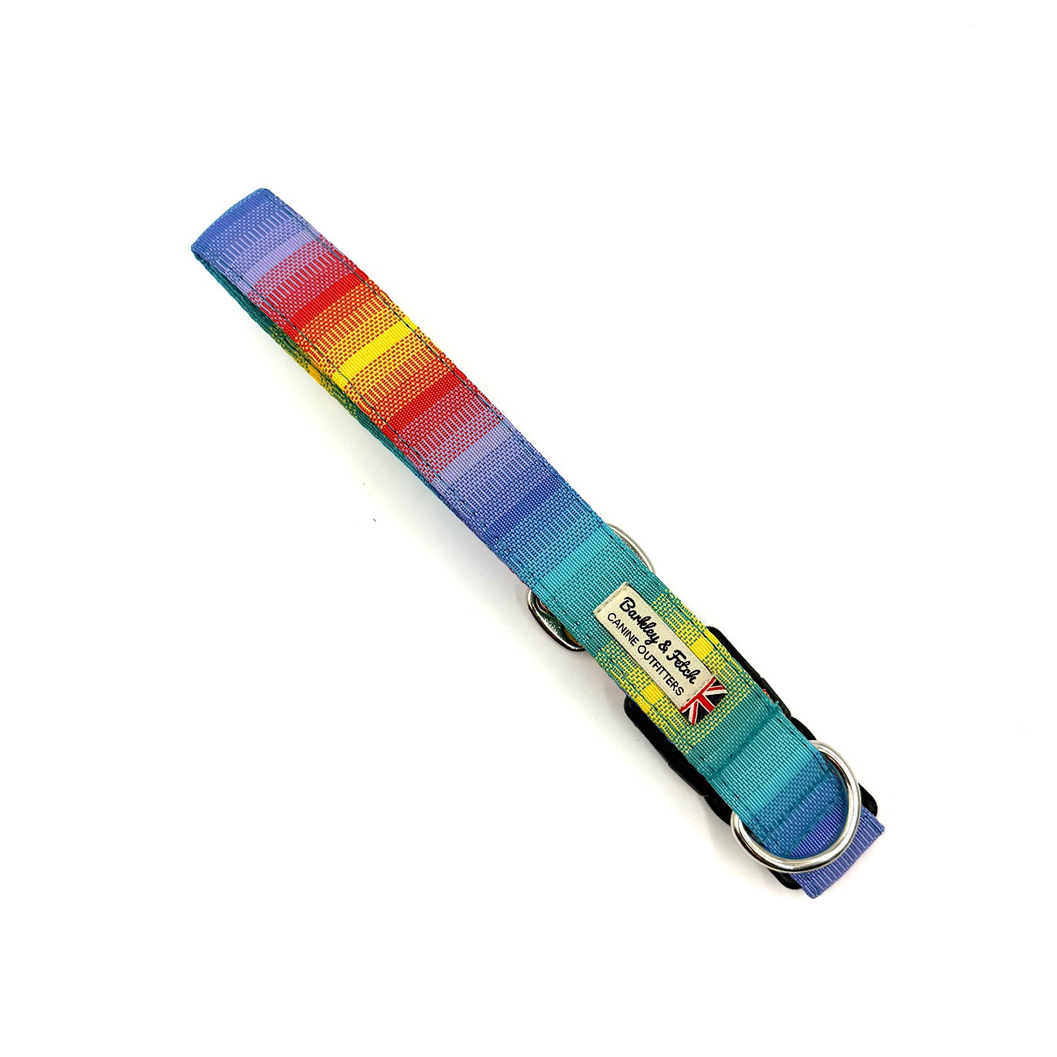 Multicoloured dog collar with a brand label on a white background