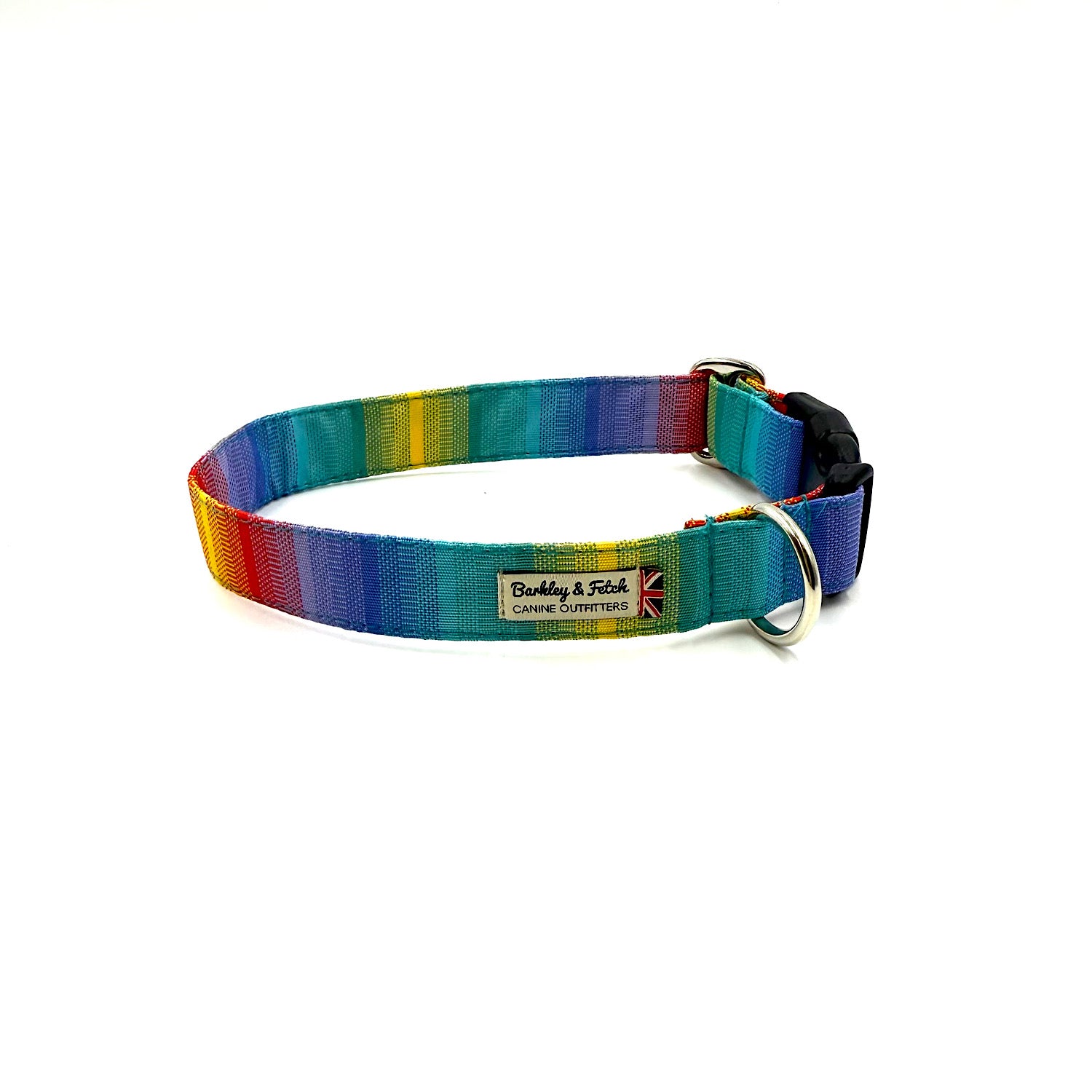 Colorful dog collar with a brand label on a white background