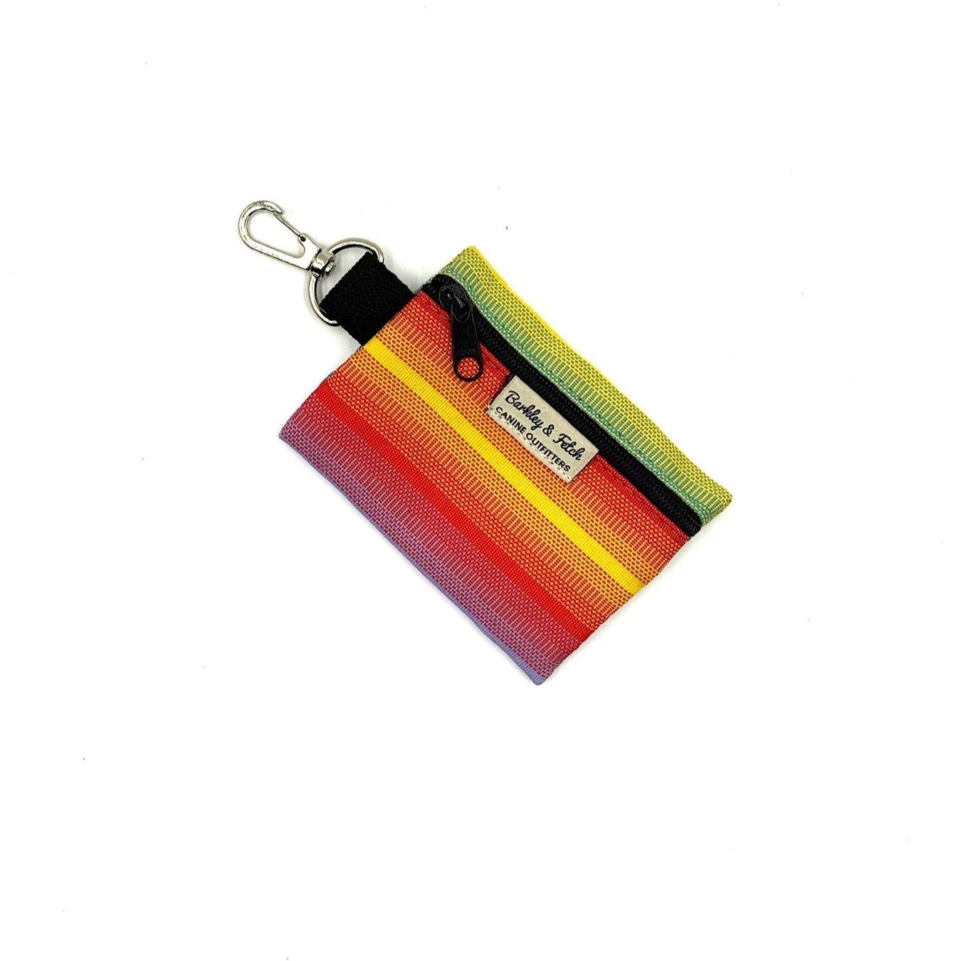 Colorful striped keychain pouch with a brand logo on a white background