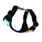 rainbow dog harness with colorful rainbow pattern on a white background handmade by barkley and fetch uk