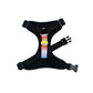 Black dog harness with colourful strap on a white background handmade by barkley and fetch uk