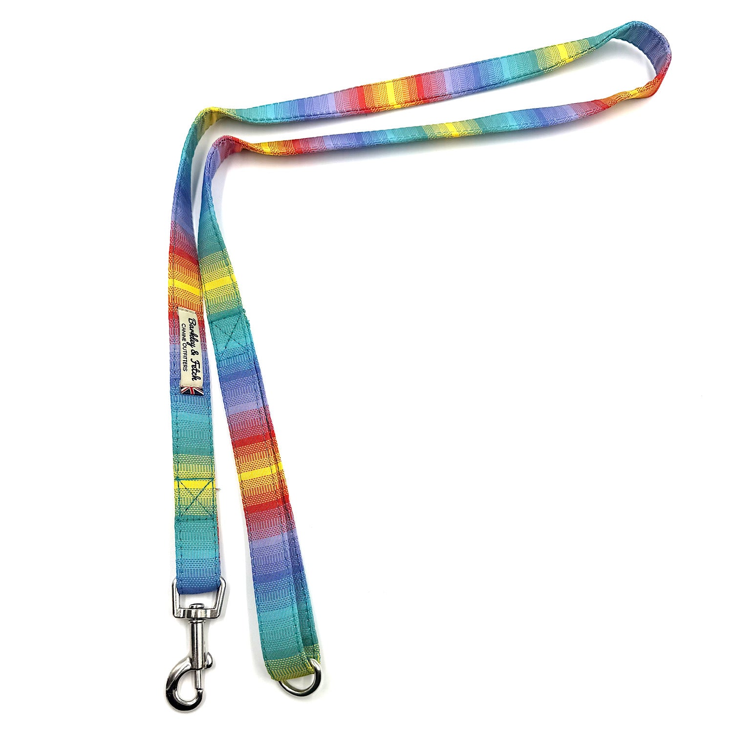 Multicolored striped dog leash on a white background