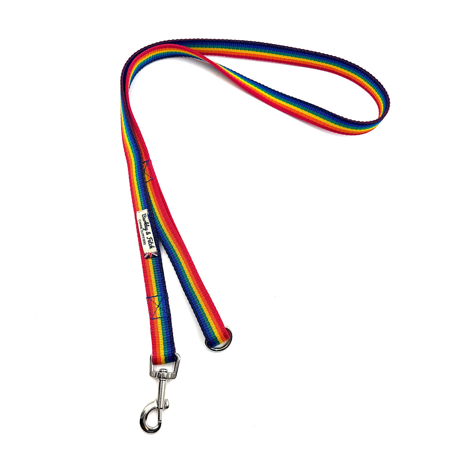 Rainbow dog leash with metal clip on a white background