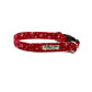 Red dog collar with white snowflake pattern on a white background handmade by barkley and fetch uk