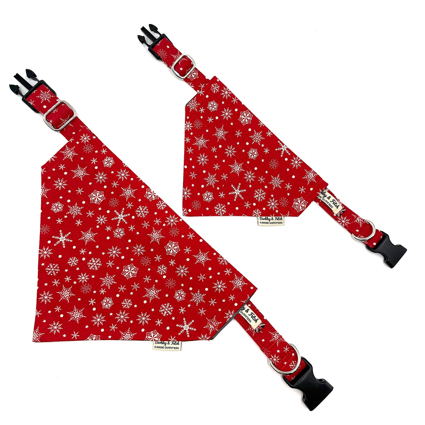 Red bandana with white snowflake pattern and matching strap on a white background handmade by barkley and fetch uk
