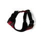 Black dog harness with red plaid pattern on a white background handmade in the uk by barkley and fetch
