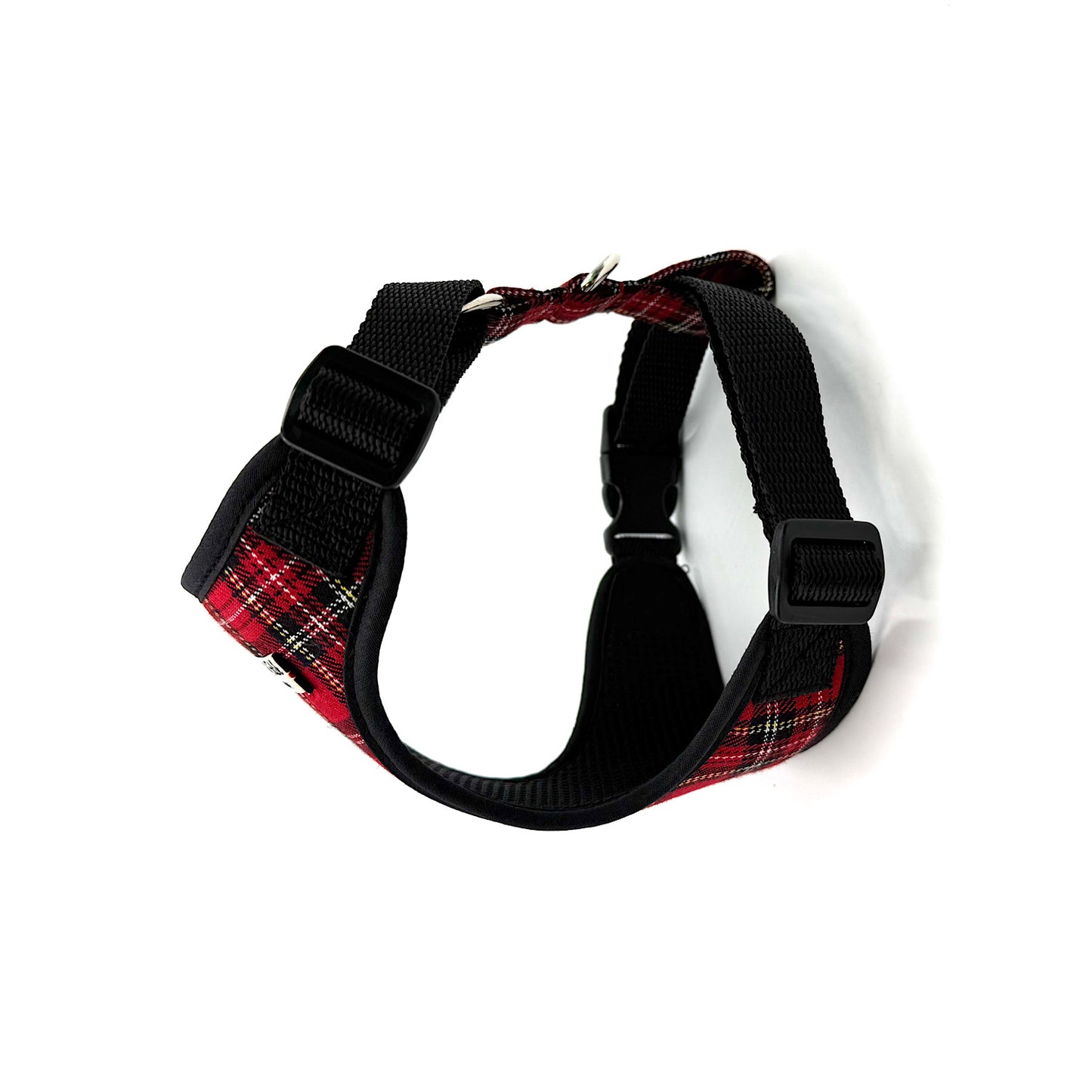 Black dog harness with red plaid pattern on a white background handmade in the uk by barkley and fetch