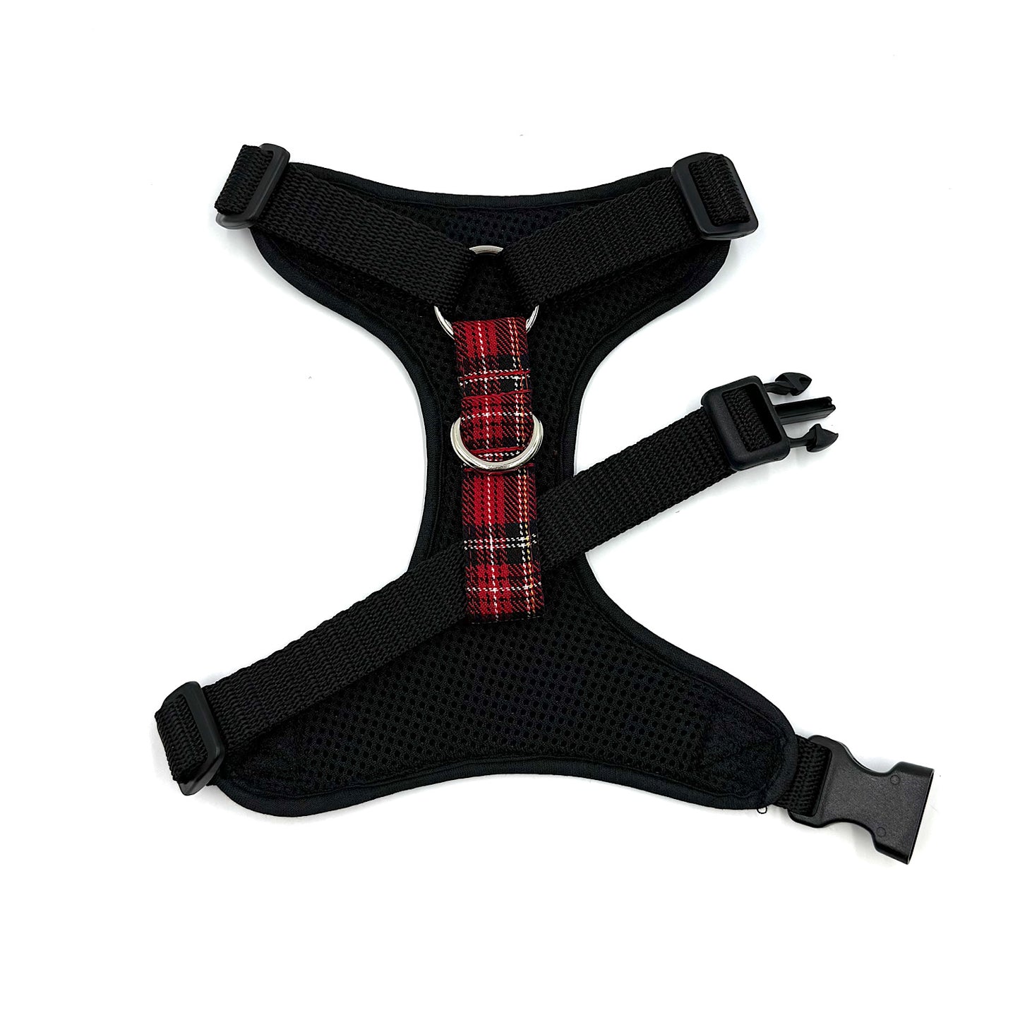 Black dog harness with red plaid strap on a white background handmade in the uk by barkley and fetch