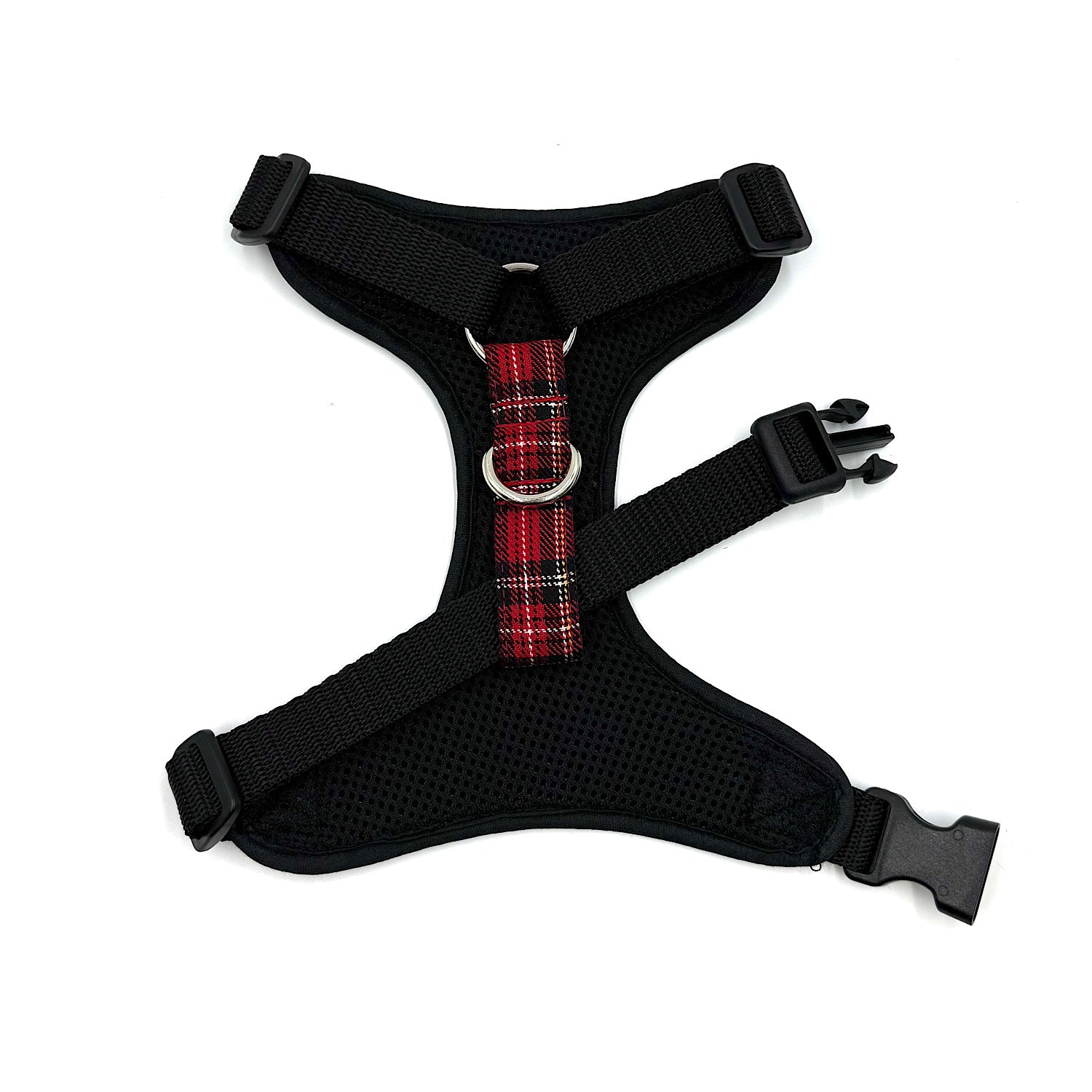 Black dog harness with red plaid strap on a white background handmade in the uk by barkley and fetch