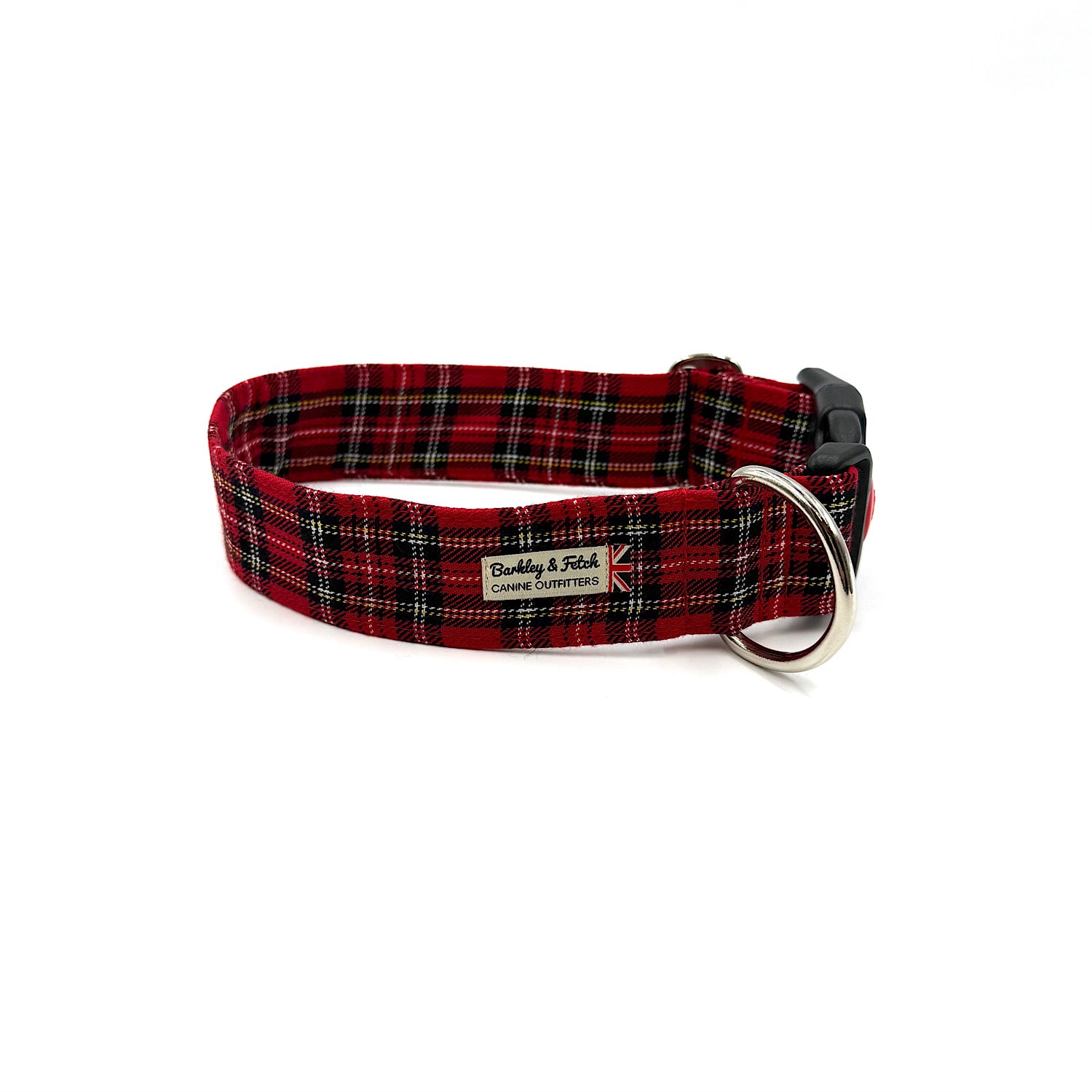 Red plaid dog collar with a metal ring on a white background handmade by Barkley and Fetch UK