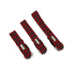 Three red plaid dog collars with metal buckles on a white background handmade by Barkley and Fetch UK