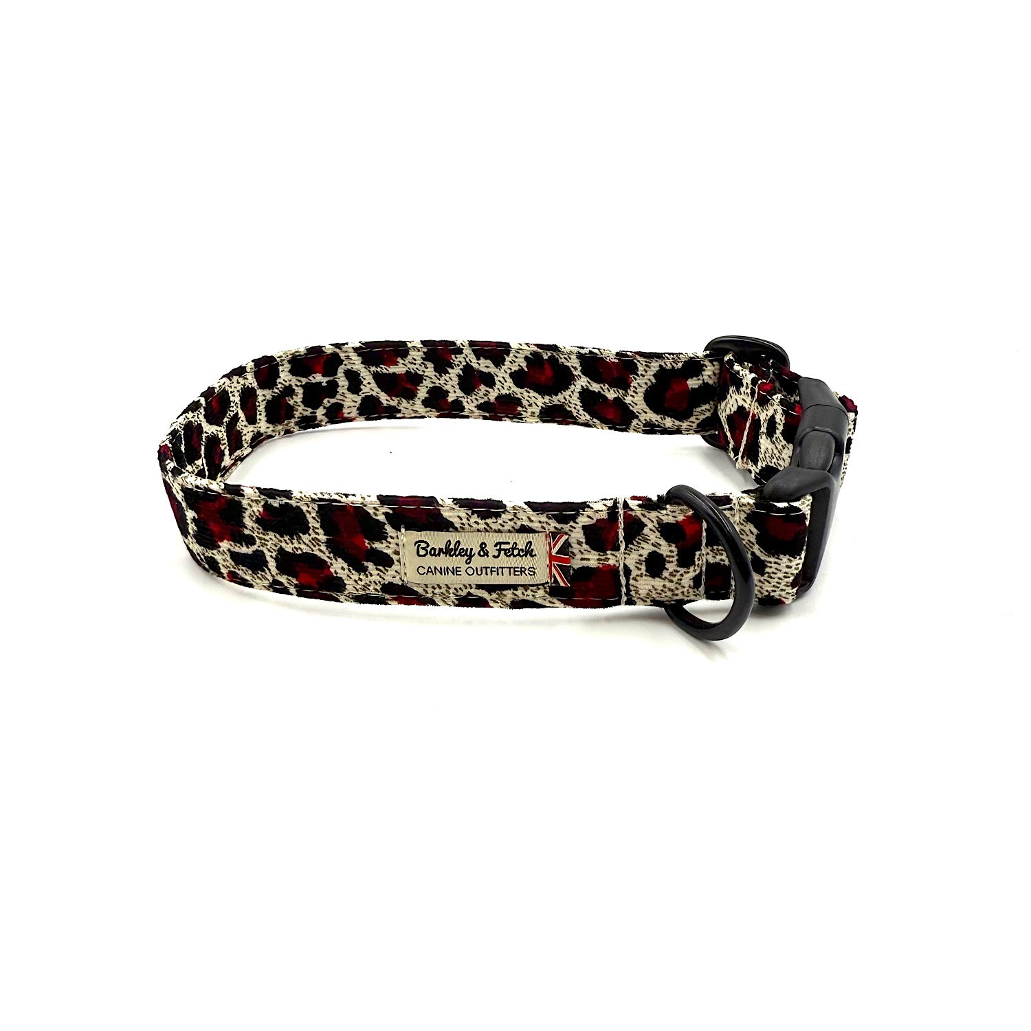 Dog collar with red and black pattern on a white background