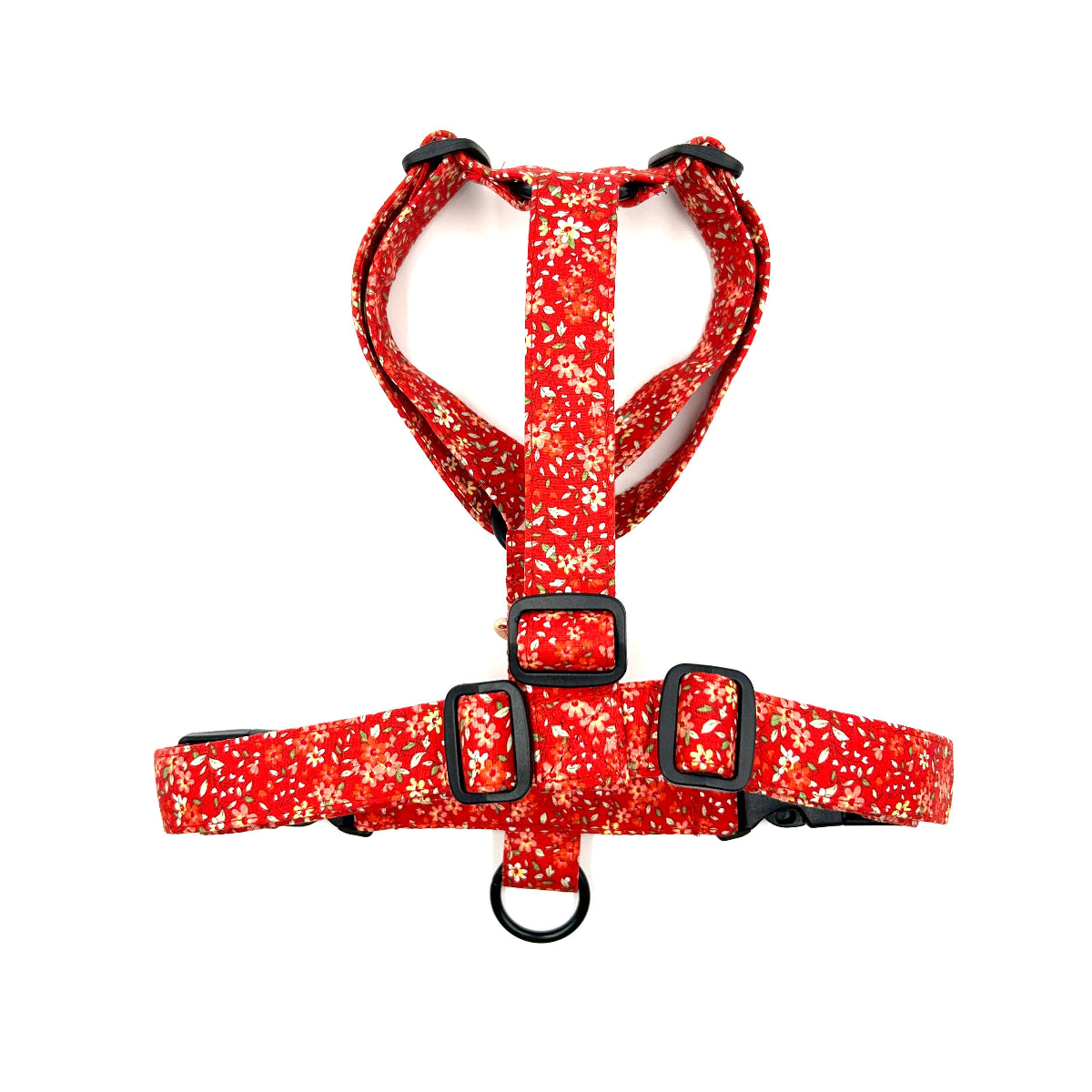 Red floral dog harness on a white background handmade by barkley and fetch uk