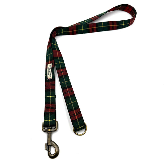 Plaid dog leash with brass clip on a white background