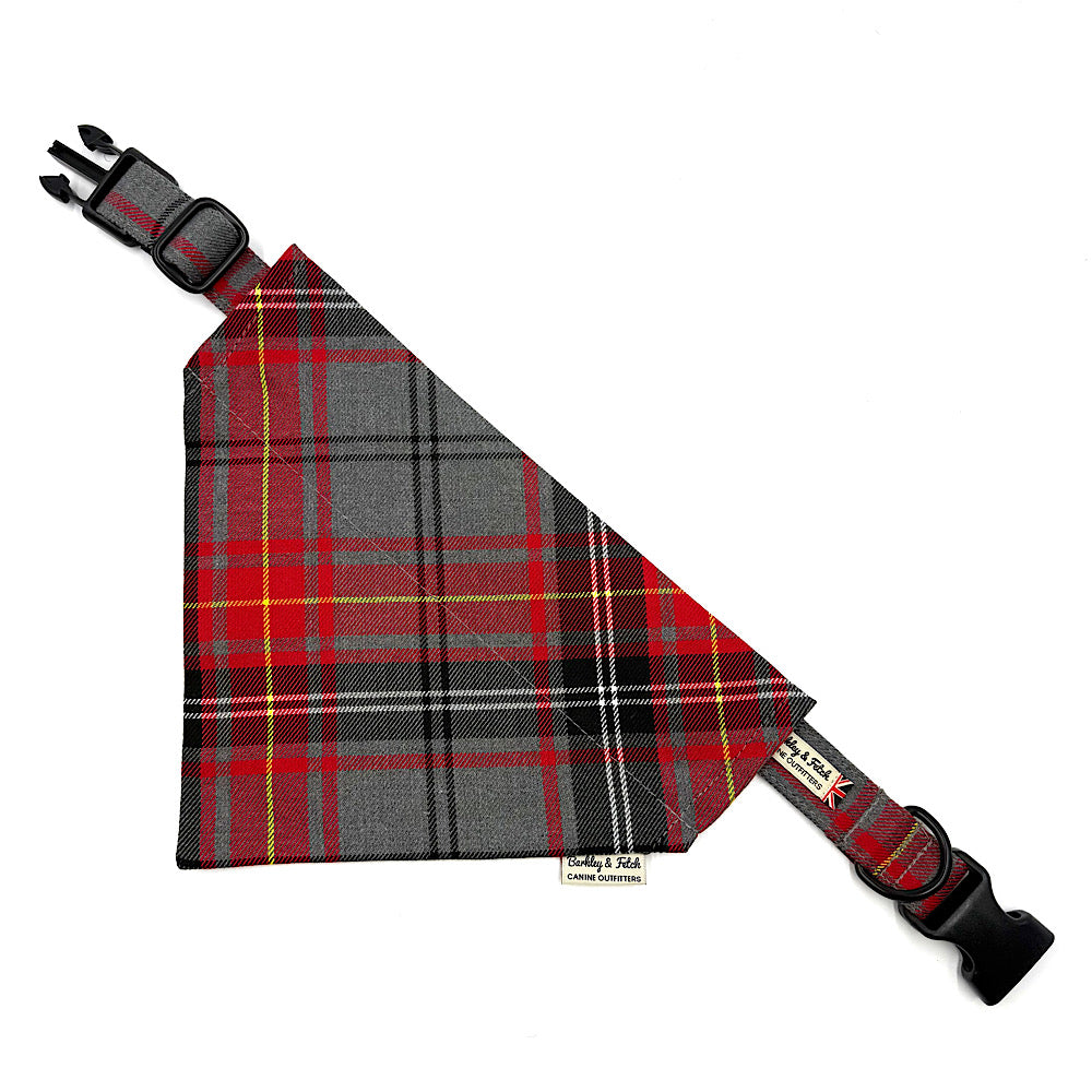 Plaid dog bandana with a black buckle on a white background handmade by Barkley And Fetch