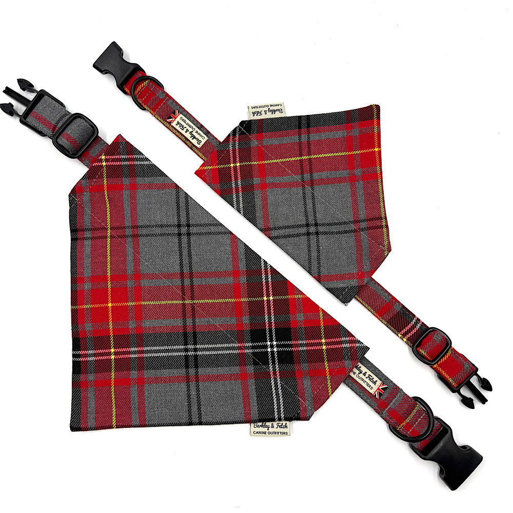 Red and gray plaid dog bandana with matching collars on a white background handmade by Barkley And Fetch