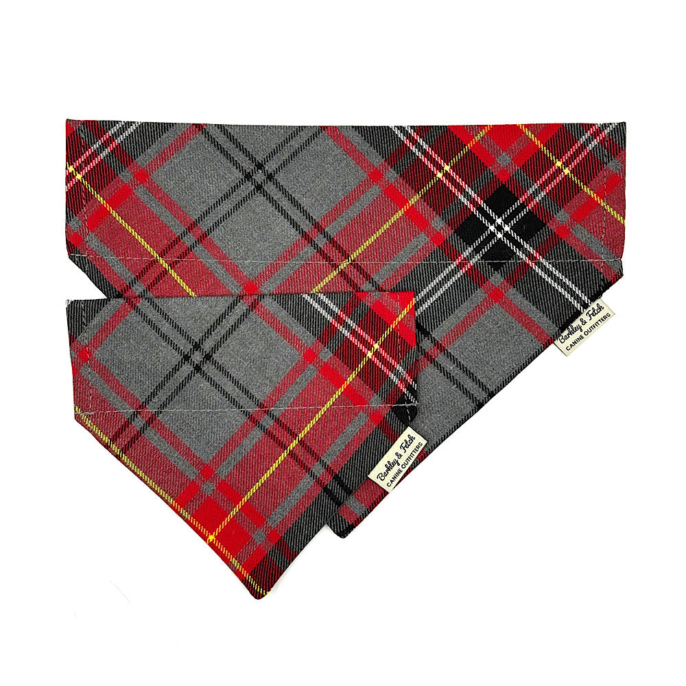 Plaid patterned dog bandanas with brand label on a white background handmade by Barkley And Fetch
