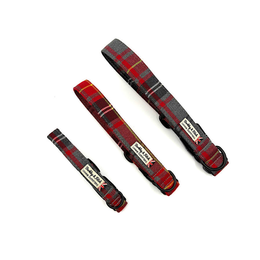 Three red and gray plaid dog collars with visible branding on a white background handmade by Barkley And Fetch