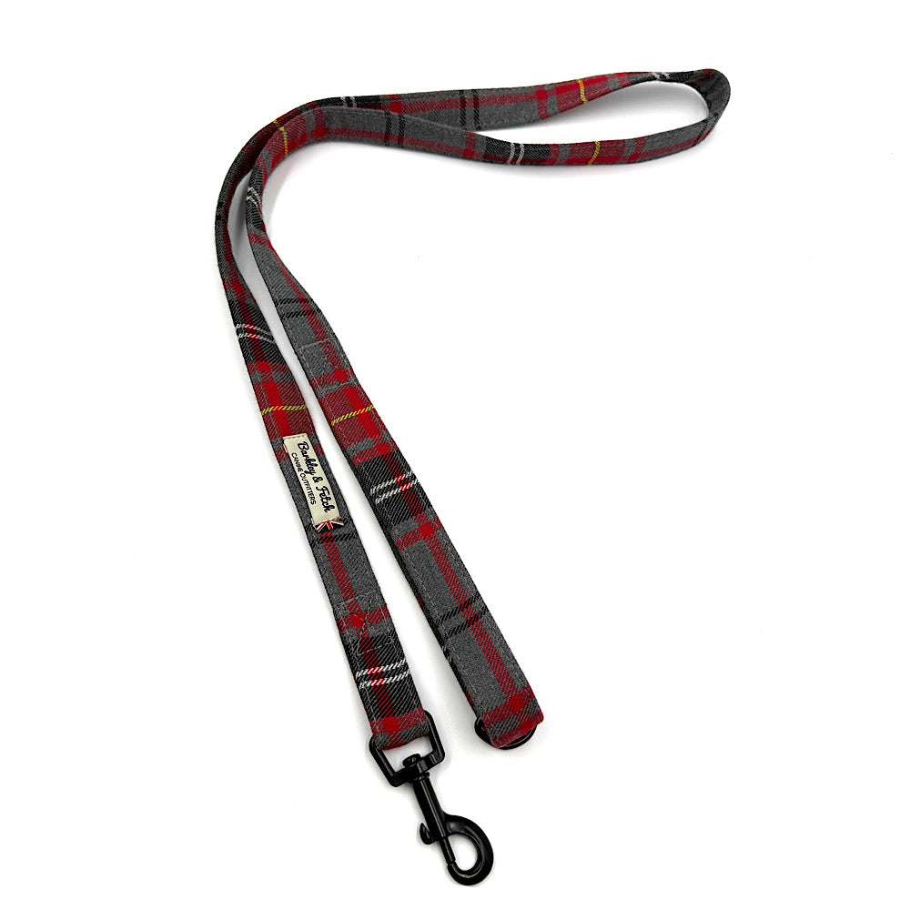 Plaid dog leash with black clip on a white background handmade by Barkley And Fetch