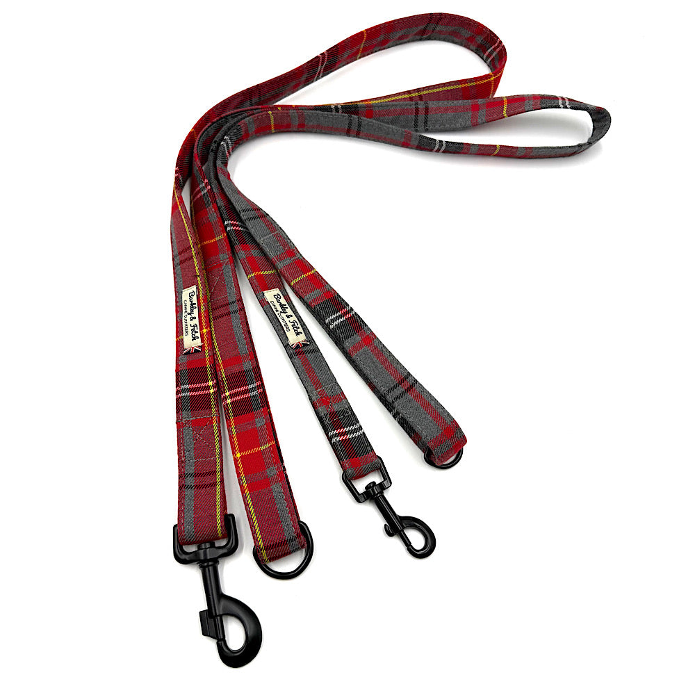 Plaid dog leash with black clip on a white background handmade by Barkley And Fetch