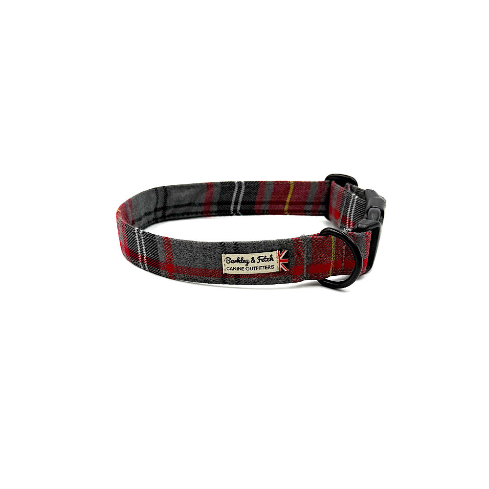 Plaid dog collar with visible brand label on a white background handmade by Barkley And Fetch