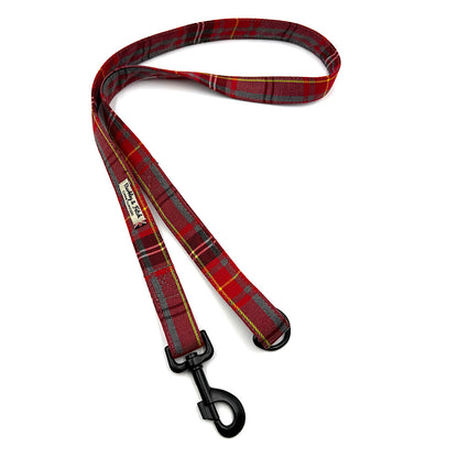 Red and gray plaid dog leash with a black clip on a white background handmade by Barkley And Fetch