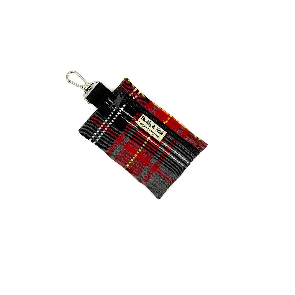 Plaid pouch with keychain attachment on a white background handmade by Barkley And Fetch