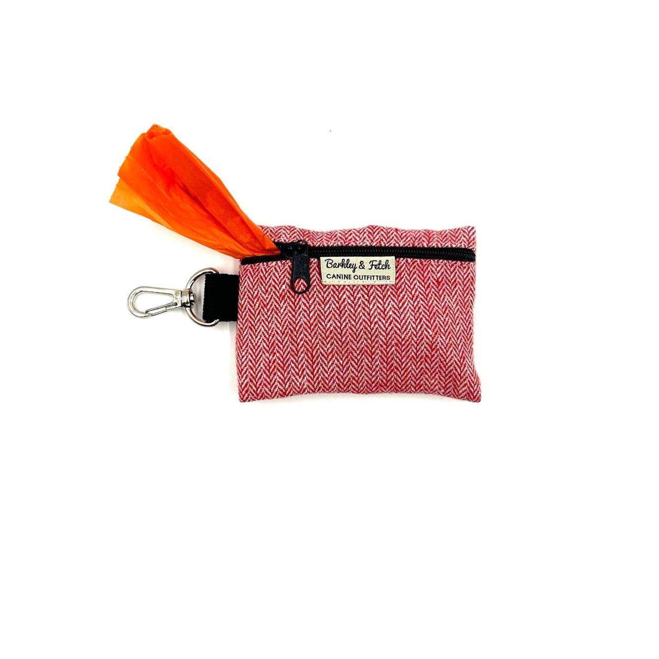 Red fabric pouch with orange drawstring and keychain clip on a white background