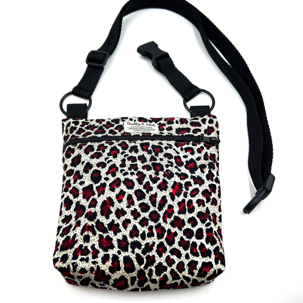 Crossbody bag with leopard print pattern on a white background handmade by Barkley and Fetch UK