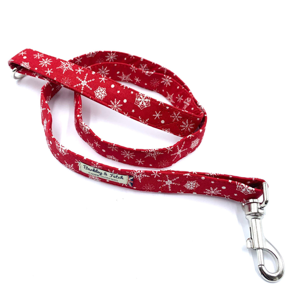 Red dog leash with white snowflake pattern on a white background handmade in uk by Barkley and Fetch