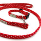 Red polka dot dog collar and leash set on a white background