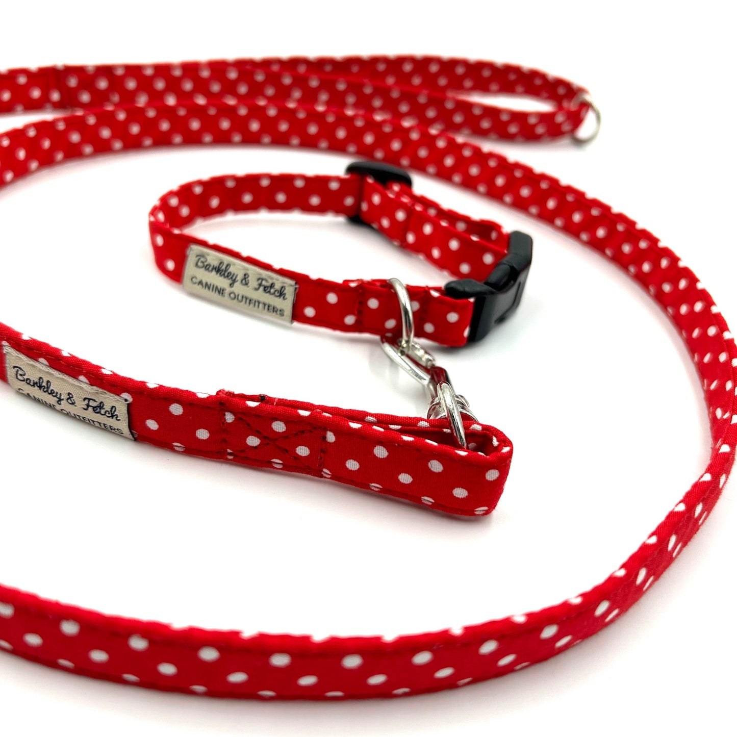 Red polka dot dog collar and leash set on a white background
