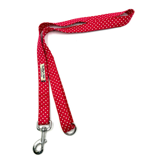 Red polka dot dog leash with metal clip on a white background