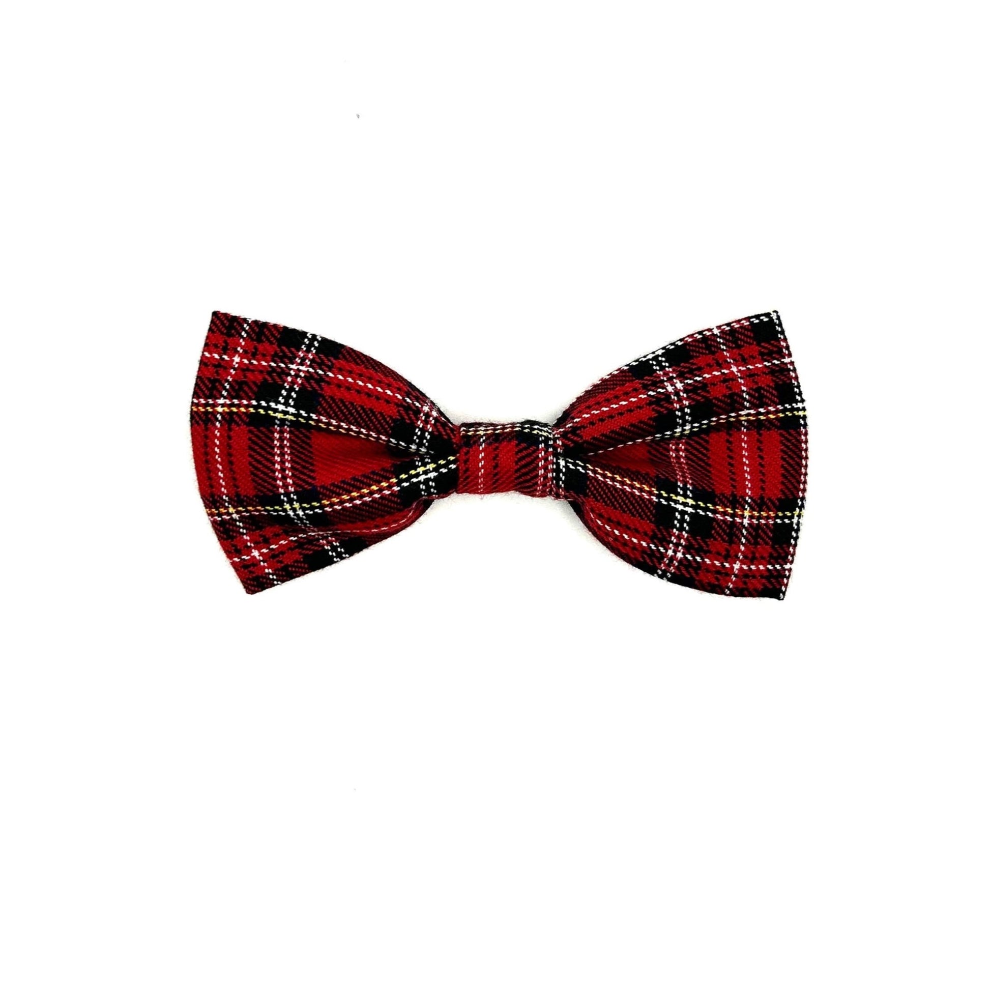 A red tartan check dog bowtie on a white background.