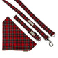 Red plaid dog collar, leash, and bandana set on a white background