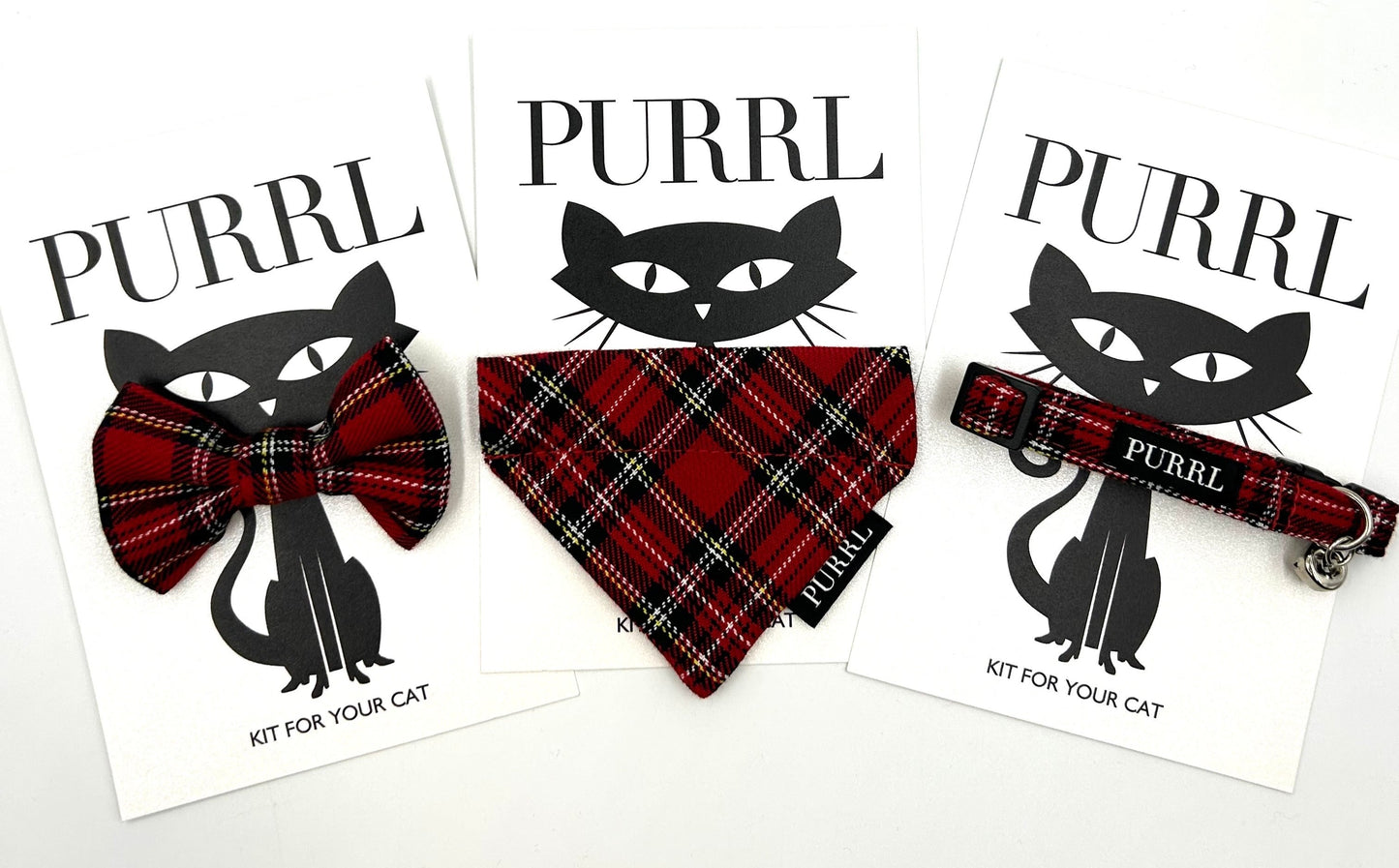 Cat accessories by PURRL on a white background, handmade by Barkley and Fetch