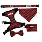 Red plaid dog harness, bandana, bow tie, and pouch on a white background handmade by barkley and fetch uk